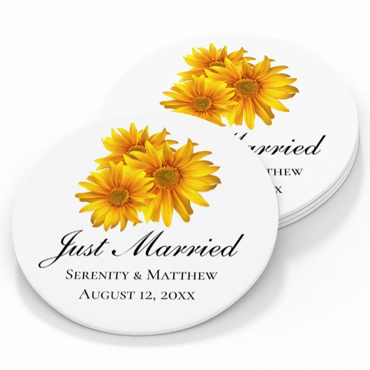 Boho Sunflower Elegante Floral Just Married Weddin Runder Pappuntersetzer