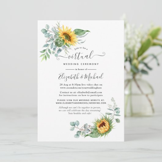 Boho Sunflower Eucalyptus Online Virtual Wedding Einladung (Stehend Vorderseite)