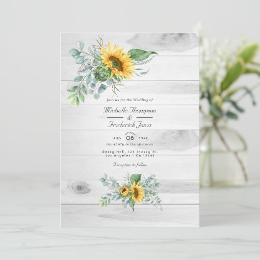 Boho Sunflower Eucalyptus Rustic Country Wedding Einladung (Stehend Vorderseite)