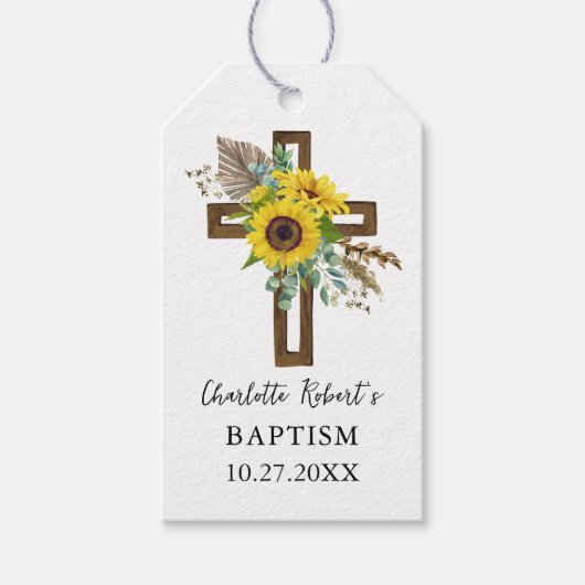 Boho Sunflower & Eucalyptus Rustic Cross Baptism Geschenkanhänger (Vorderseite)