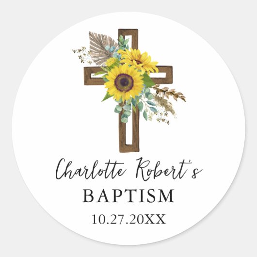 Boho Sunflower & Eucalyptus Rustic Cross Baptism Runder Aufkleber (Vorderseite)