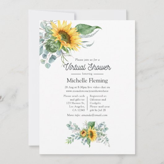 Boho Sunflower Eucalyptus Virtual Baby Dusche Einladung (Vorderseite)
