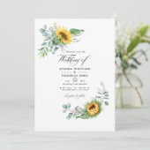 Boho Sunflower Eucalyptus Wedding Foto Einladung (Stehend Vorderseite)