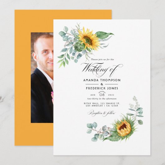 Boho Sunflower Eucalyptus Wedding Foto Einladung (Vorne/Hinten)