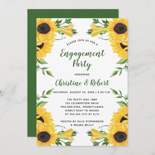 Boho Sunflower | Green Engagement Party Einladung (Vorne/Hinten)