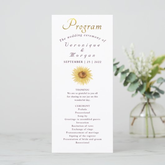 Boho Sunflower Hochzeitsprogramm Blumengold Drehbu Programm (Stehend Vorderseite)