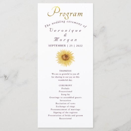 Boho Sunflower Hochzeitsprogramm Blumengold Drehbu Programm (Vorderseite)