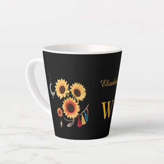 Boho Sunflower Individuelle Name Blumengeschenk Sc Milchtasse (Linke Ecke)