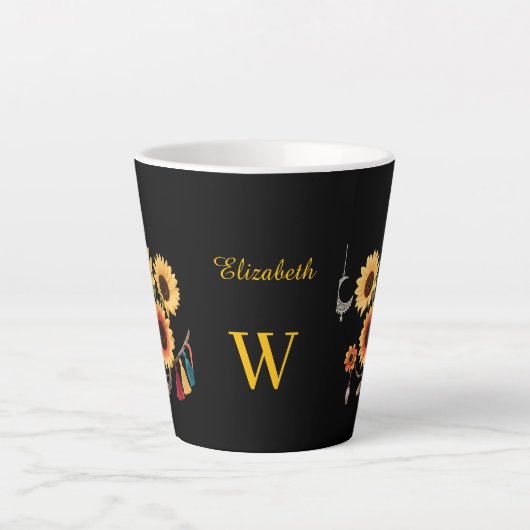 Boho Sunflower Individuelle Name Blumengeschenk Sc Milchtasse (Vorderseite)