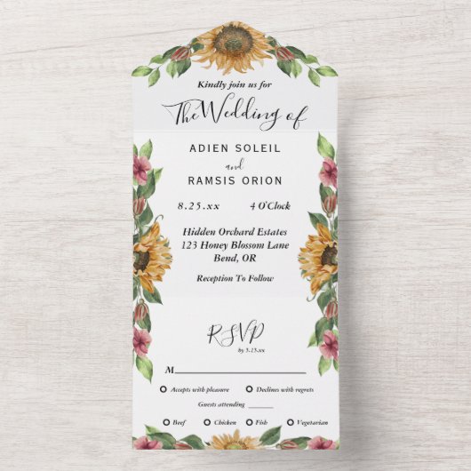 Boho Sunflower Menü Auswahl UAWG Wedding All In One Einladung (Innen Boden)