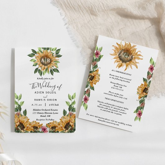 Boho Sunflower Monogram Wedding Details in einem Einladung