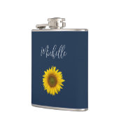Boho Sunflower Navy Blauer Elegant Personalisiert Flachmann (Links)