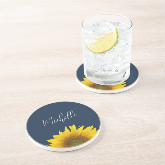 Boho Sunflower Navy Blauer Elegante Blumen Getränkeuntersetzer (Seite)