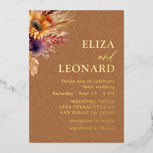 Boho Sunflower Pampas Grass Wedding Folieneinladung (Vorderseite)