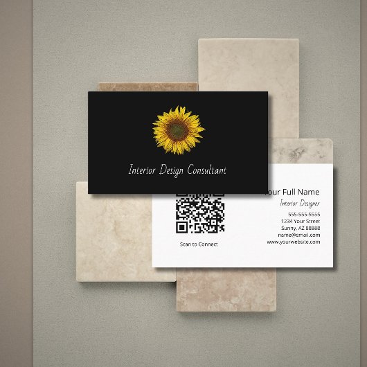 Boho Sunflower QR code Interior Designer Black Visitenkarte