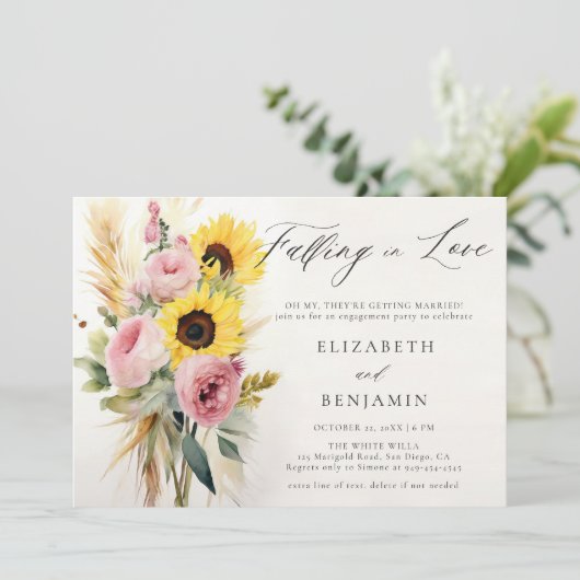 Boho Sunflower Rose Peony Pampas Engagement Party Einladung (Stehend Vorderseite)