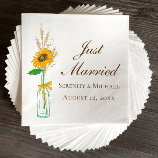 Boho Sunflower Rustic Floral Just Married Wedding Serviette