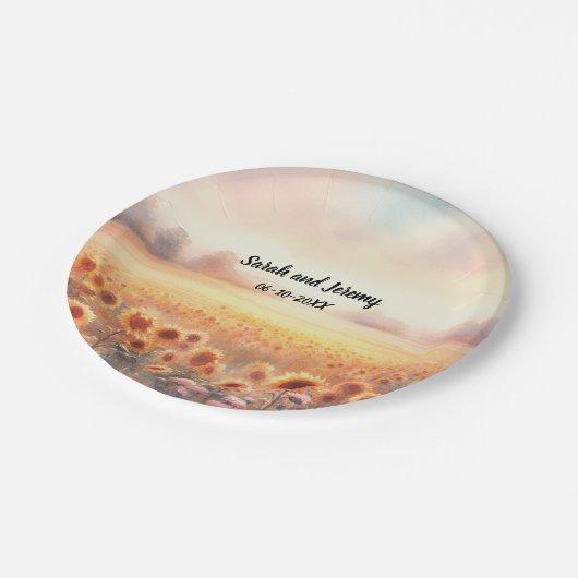 Boho Sunflower Rustic Watercolor Country Wedding Pappteller (Schrägansicht)