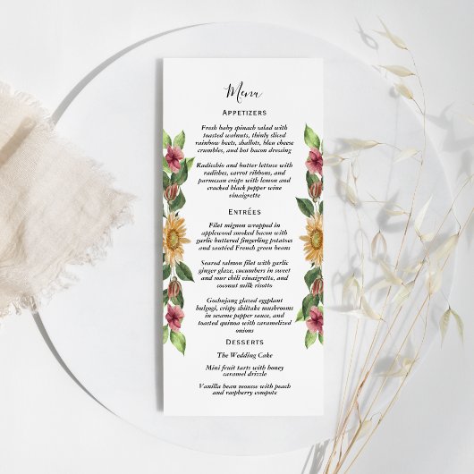 Boho Sunflower Rustic Wildblume Wedding Flat Menu Menükarte