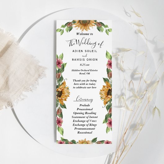 Boho Sunflower Rustikale Wildblume Hochzeitwohnung Programm