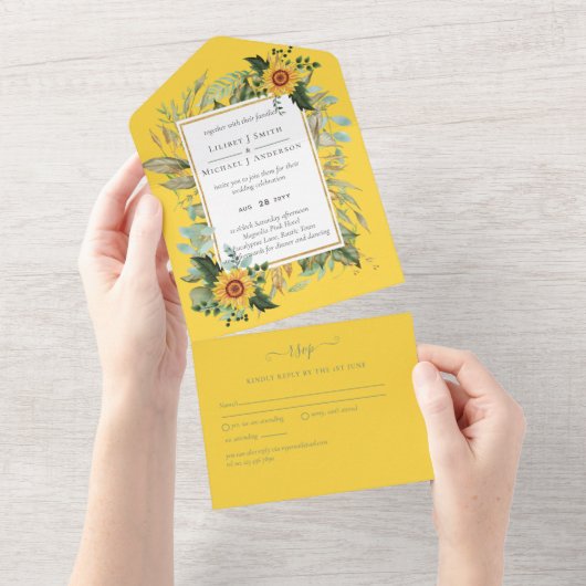 Boho Sunflower Sage Greenerity Wedding All In One Einladung (Abreißen)