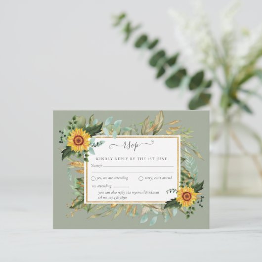 Boho Sunflower Sage Greenerity Wedding Postkarte (Stehend Vorderseite)