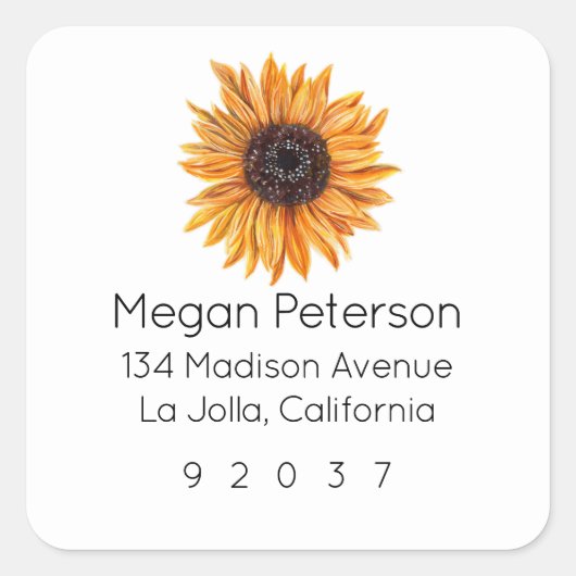 Boho Sunflower Square Rücksendeadresse Quadratischer Aufkleber (Vorderseite)
