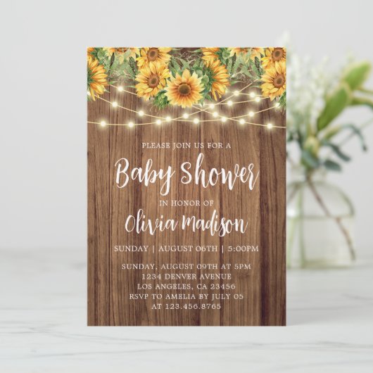 Boho Sunflower String Lights Baby Dusche Einladung (Stehend Vorderseite)