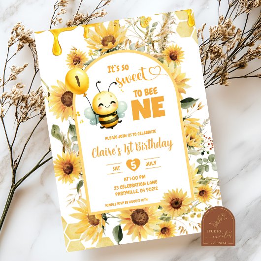 Boho Sunflower Sweet to Bee One Birthday Einladung