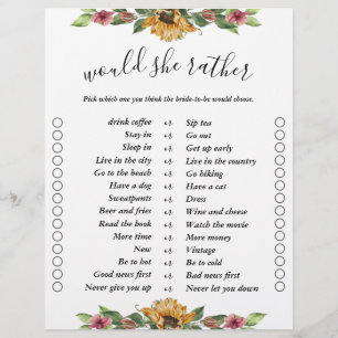 Boho Sunflower Two Side Bingo Brautparty Games