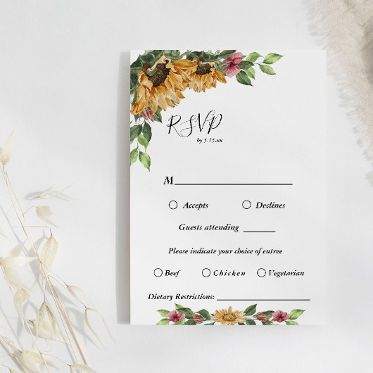 Boho Sunflower Wedding Menü Auswahl RSVP Karte