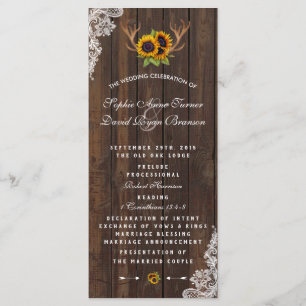 Boho Sunflowers Antlers Wood Lace Wedding Program Programm