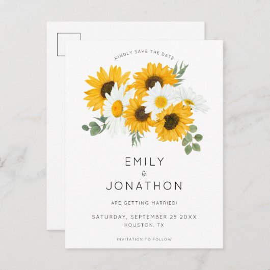 Boho Sunflowers Florals Rustic Save the Date Ankündigungspostkarte (Vorne/Hinten)
