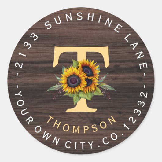 Boho Sunflowers Monogram Circle Address Label Runder Aufkleber (Vorderseite)