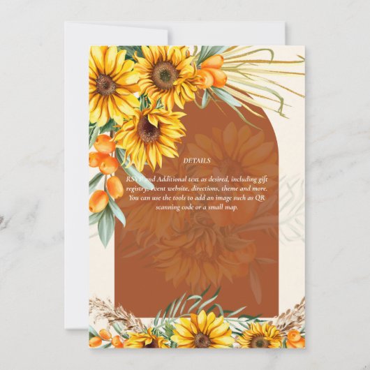 Boho Sunflowers Terracotta Pampas Grass Wedding Einladung (Rückseite)