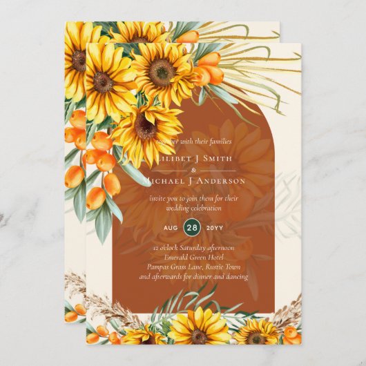 Boho Sunflowers Terracotta Pampas Grass Wedding Einladung (Vorne/Hinten)