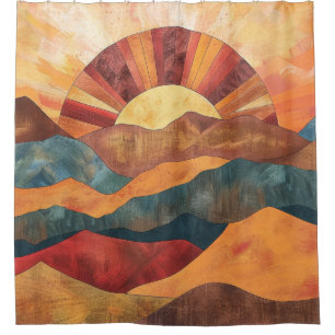 Boho Sunset Over Mountains - Retro Erthy Landschaf Duschvorhang