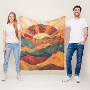 Boho Sunset Over Mountains - Retro Erthy Landschaf Fleecedecke