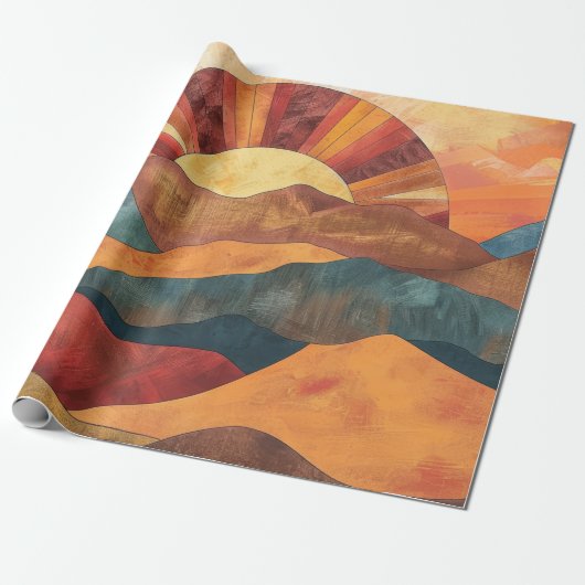 Boho Sunset Over Mountains - Retro Erthy Landschaf Geschenkpapier (Ungerollt)