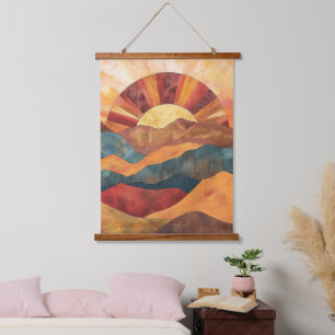 Boho Sunset Over Mountains - Retro Erthy Landschaf Wandteppich Mit Holzrahmen