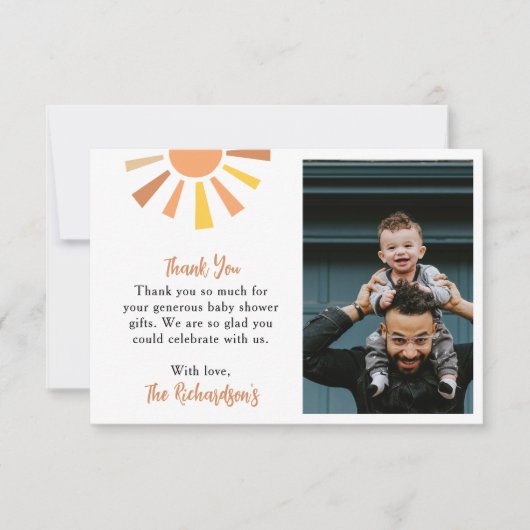 Boho Sunshine Baby Shower Foto Dankeskarte (Vorderseite)