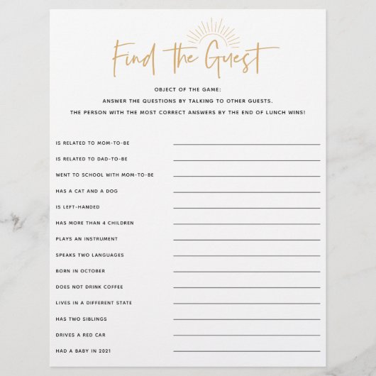 Boho Sunshine Baby Shower Guest Game (Vorderseite)