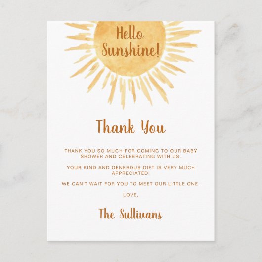 Boho Sunshine Baby Shower Vielen Dank Postkarte (Vorderseite)