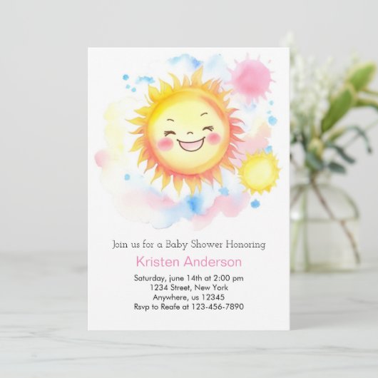 Boho Sunshine Girl Baby Shower Einladung (Stehend Vorderseite)