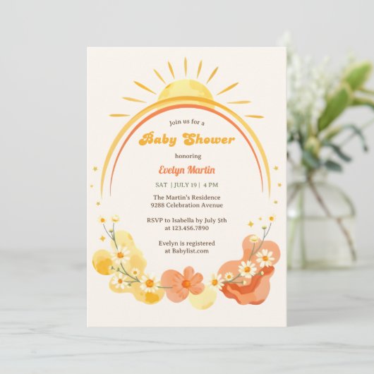 Boho Sunshine Retro Sun Baby Dusche Einladung (Stehend Vorderseite)
