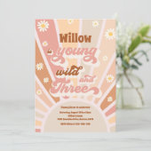 Boho Sunshine Young Wild and Three Birthday Party Einladung (Stehend Vorderseite)