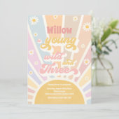 Boho Sunshine Young Wild and Three Birthday Party Einladung (Stehend Vorderseite)