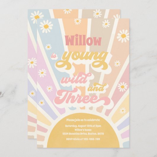 Boho Sunshine Young Wild and Three Birthday Party Einladung (Vorne/Hinten)