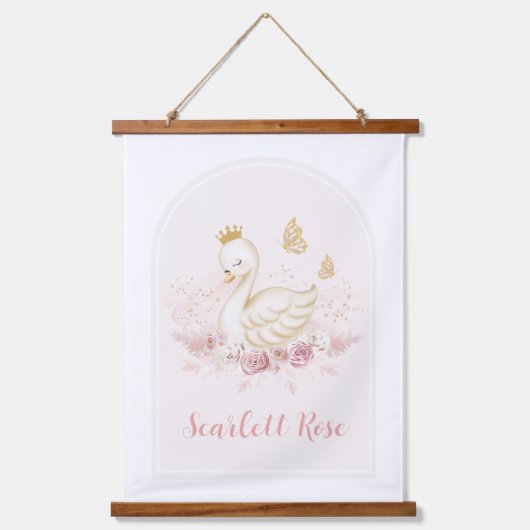 Boho Swan Princess Blush Gold Floral Girl Kinderzi Wandteppich Mit Holzrahmen (Vorderseite)