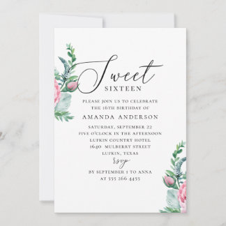 Boho Sweet 16. Gartenrosa Blüte 16. Geburtstag Einladung